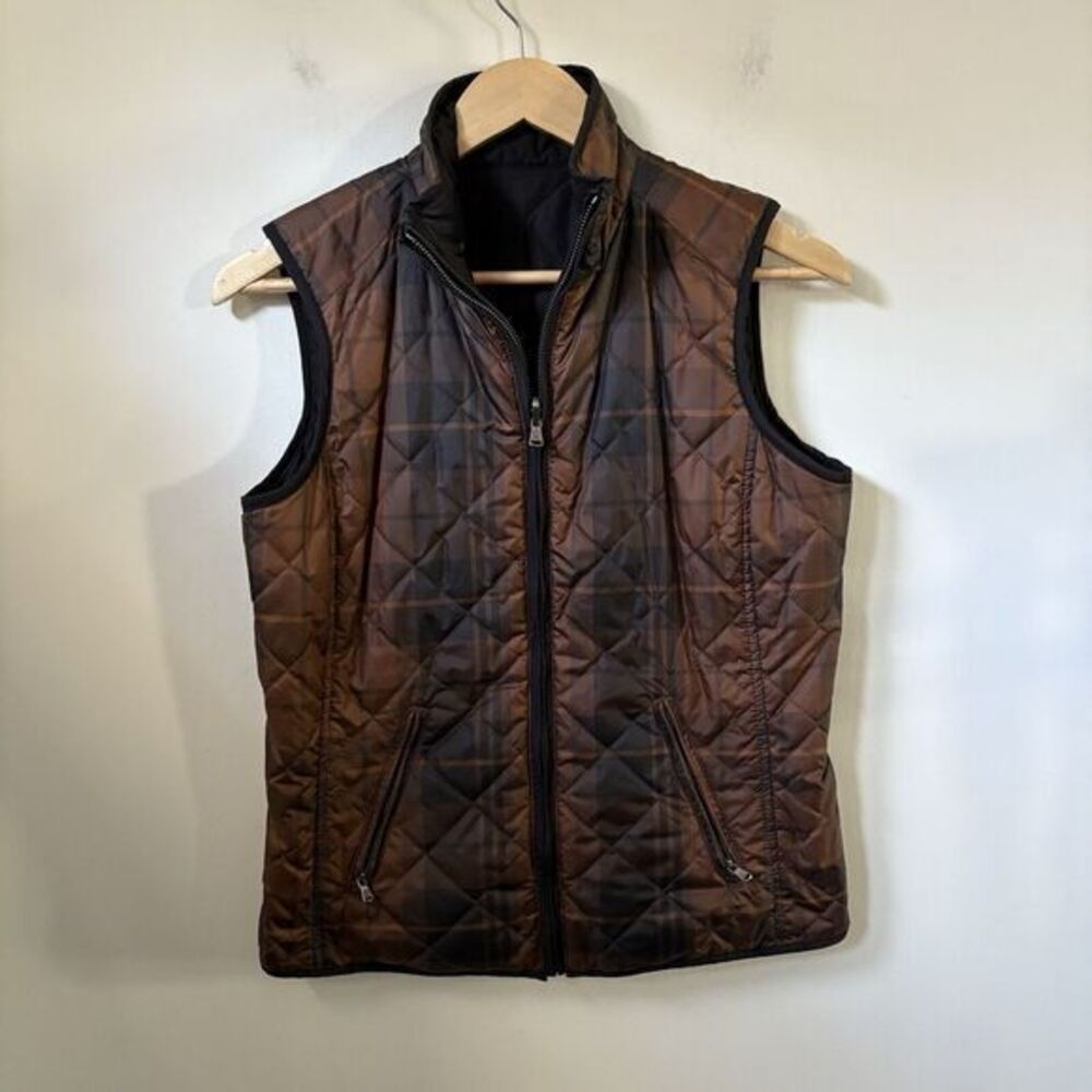 Ralph Lauren Women's Quilted Reversible Vest Small Equestrian Plaid Brown Zip Up